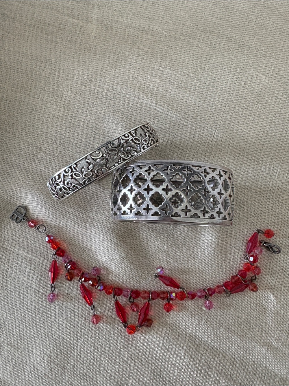 Brighton Silver Filigree Cuffs with Red Beaded Charm Bracelet